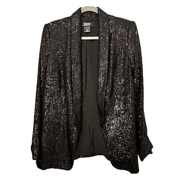 DKNY Women's Black Sequined Shaul-Collar Open Front Jacket New Size 8 - Picture 4 of 14